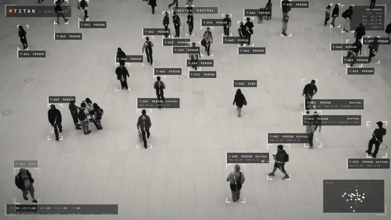 Crowd tracking: compact ID tags, full labels for the top targets, trajectories.